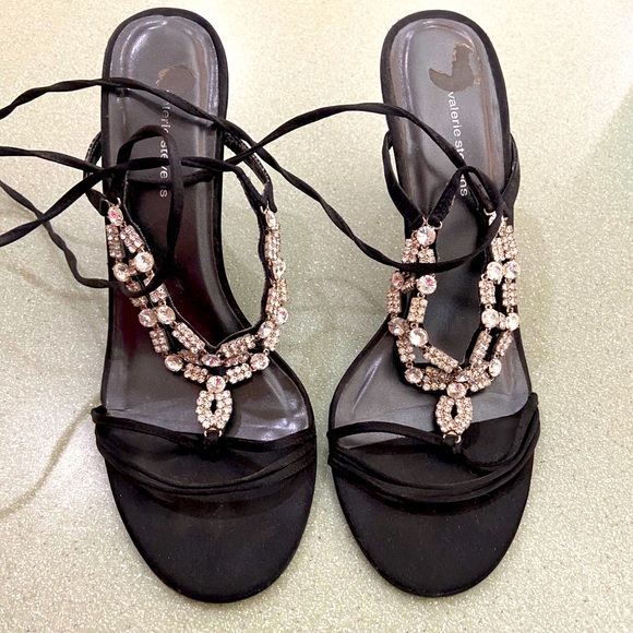 Valerie Stevens black satin and rhinestone sandals - Picture 1 of 6